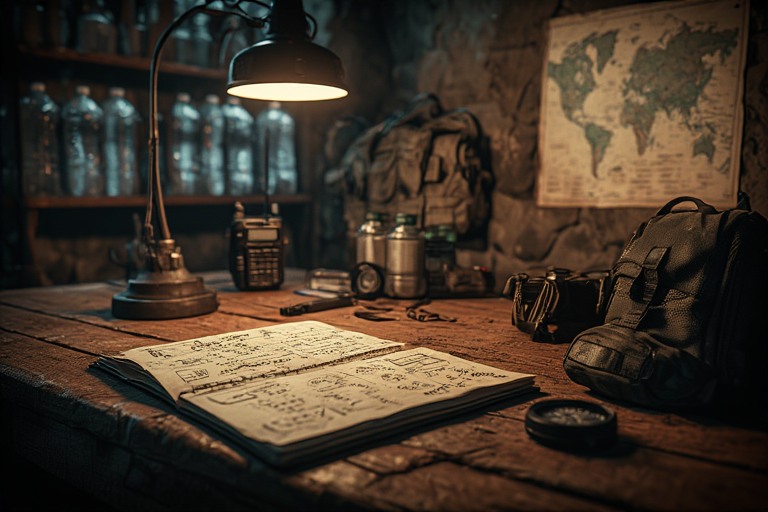 Illustrazione di un ufficio da prepper con manuali tecnici, radio e attrezzatura medica, che rappresenta la pianificazione e il linguaggio della sopravvivenza.