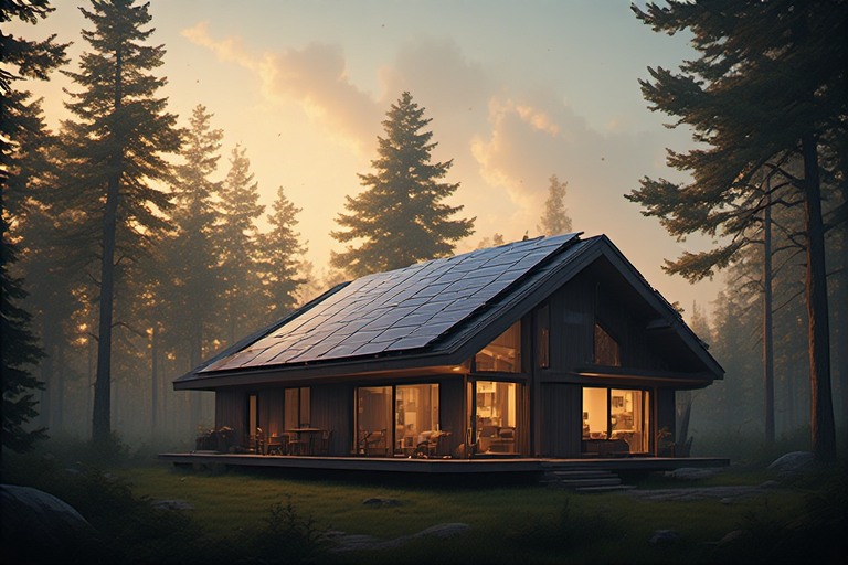 Illustrazione digital painting di una baita off-grid con pannelli solari e sistema di accumulo energetico al tramonto.