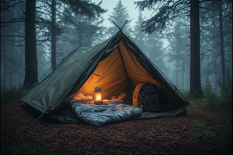 Illustrazione tecnica di un rifugio provvisorio mimetizzato realizzato con un tarp professionale in un bosco nebbioso, evidenziando la preparazione e l'isolamento termico.