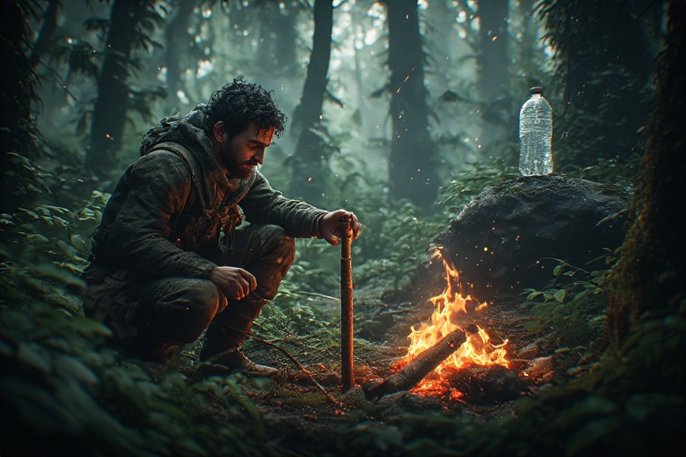esperto di sopravvivenza che accende un fuoco con la tecnica del trapano ad arco in una foresta densa, stile cinematografico.