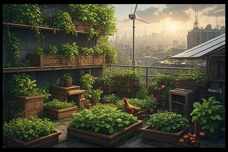 Illustrazione in stile digital painting di una fattoria urbana autosufficiente su un balcone cittadino, con orto verticale, pollaio e pannelli solari durante l'alba.
