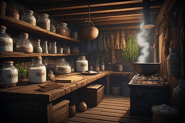Interno di un rifugio da prepper con laboratorio per l'autoproduzione di sapone, detersivi e rimedi naturali utilizzando materie prime semplici e scarti organici.