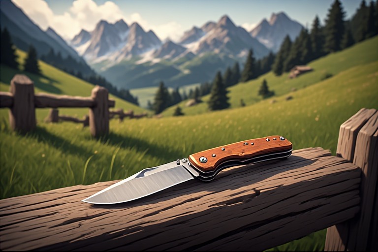 Un coltello a serramanico appoggiato su una staccionata di legno in un pascolo alpino