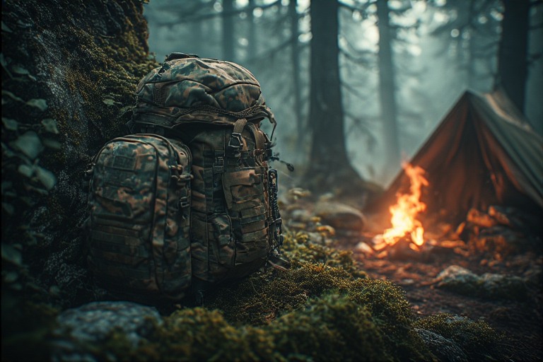 Zaino da sopravvivenza tattico appoggiato a una roccia in un bosco nebbioso accanto a un piccolo fuoco da campo e un riparo d'emergenza.