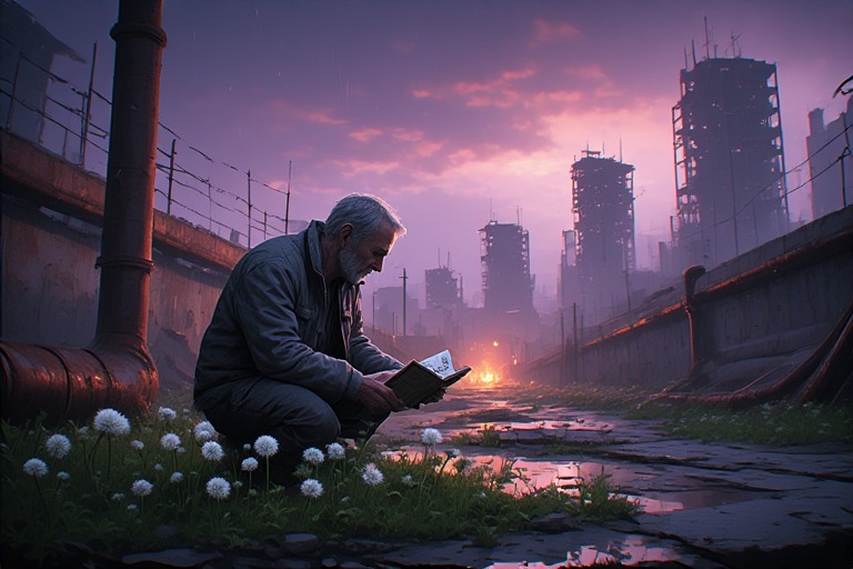 un esperto prepper che effettua foraging urbano tra le macerie, identificando piante commestibili come tarassaco e ortica con l'ausilio di un manuale tecnico