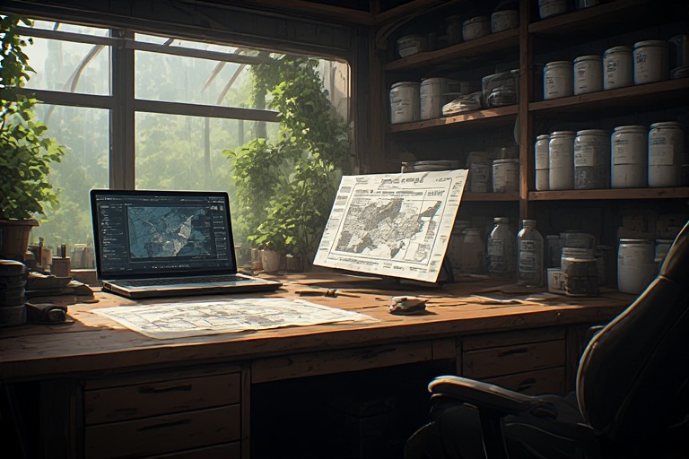 Postazione di comando di un prepper con mappe, diagrammi del metodo APISTEL e attrezzature tecnologiche per la gestione di un rifugio autosufficiente.