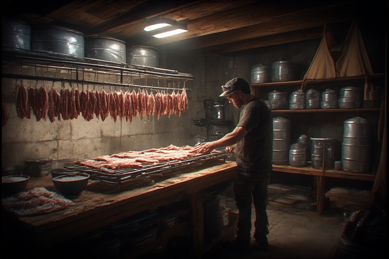 prepper che prepara carne essiccata e Pemmican in un rifugio attrezzato, con sale, rack di essiccazione e sacchetti di Mylar per lo stoccaggio.