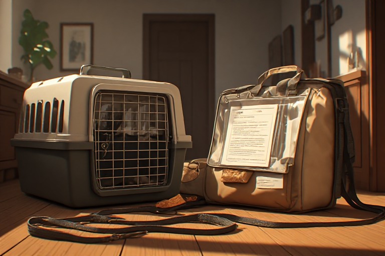 Kit di emergenza per animali domestici, completo di trasportino, cibo e documenti, pronto per l'evacuazione.