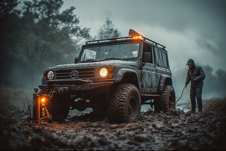 un prepper che utilizza un Hi-Lift Jack e cinghie di recupero per liberare un Bug Out Vehicle dal fango durante un'emergenza.