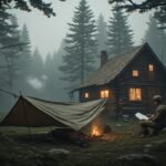 Illustrazione in stile digital painting che mostra la ridondanza di rifugio un telone tattico allestito in primo piano e un rifugio fortificato in legno sullo sfondo di una foresta nebbiosa.