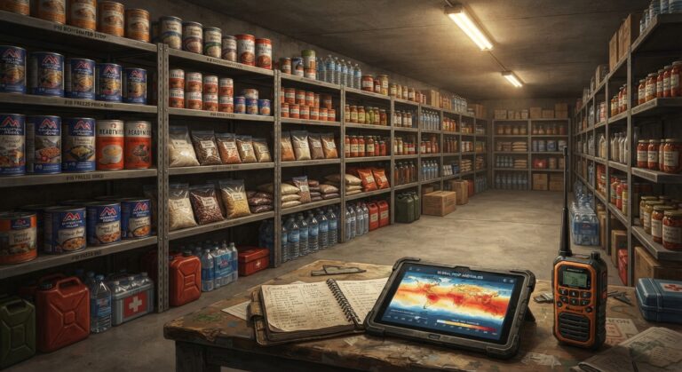 Dispensa di emergenza sotterranea ben fornita con scorte alimentari a lungo termine e strumentazione di monitoraggio per il prepping