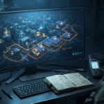 Schermo di un computer con software di mappatura OSINT e geolocalizzazione per la pianificazione strategica e il prepping urbano.