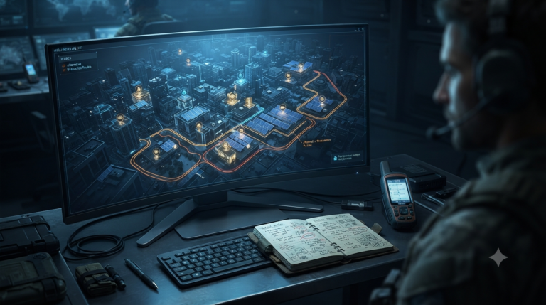 Schermo di un computer con software di mappatura OSINT e geolocalizzazione per la pianificazione strategica e il prepping urbano.