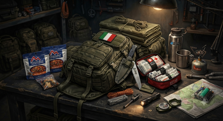 Zaino di emergenza Bug Out Bag aperto su un banco di lavoro con attrezzatura tattica e kit di sopravvivenza in primo piano.