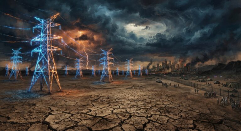 una crisi globale: in primo piano, una distesa di terra arida e profondamente crepata simboleggia la scarsità d'acqua. Sulla sinistra, alte torri di trasmissione energetica dai toni blu e arancioni brillano ed emettono elettricità, attraversando un paesaggio dominato da un cielo scuro, tempestoso e solcato da fulmini. Sulla destra, si intravedono confini recintati, accampamenti e una città sullo sfondo, a rappresentare le tensioni geopolitiche.