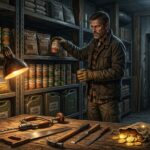 un prepper che organizza scorte alimentari a lungo termine, sementi, utensili manuali e monete d'oro all'interno di un rifugio sicuro.