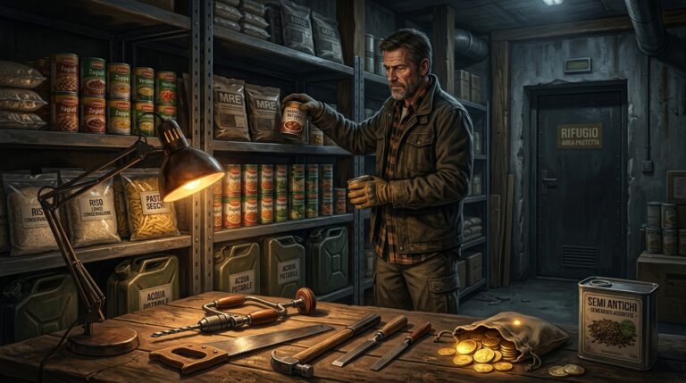 un prepper che organizza scorte alimentari a lungo termine, sementi, utensili manuali e monete d'oro all'interno di un rifugio sicuro.